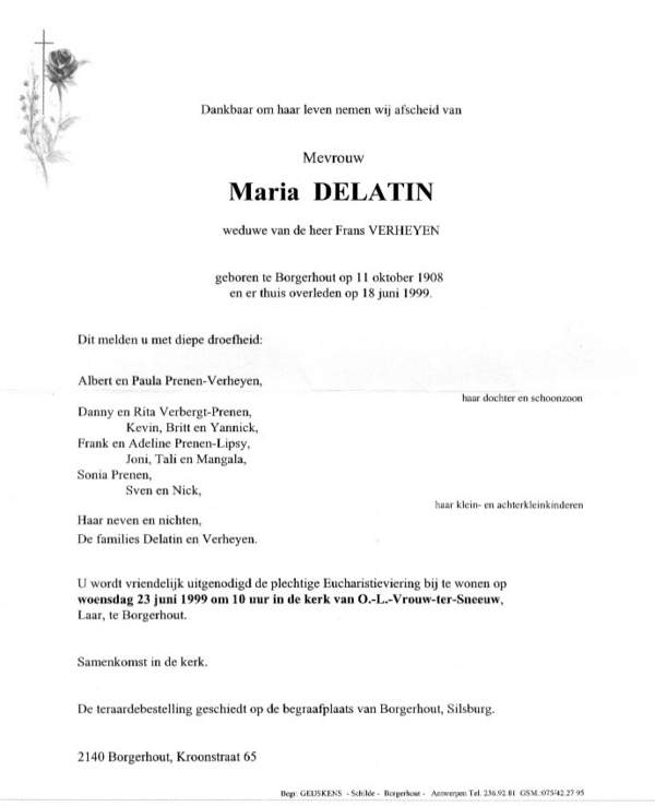 Overlijdensbrief Maria Delatin